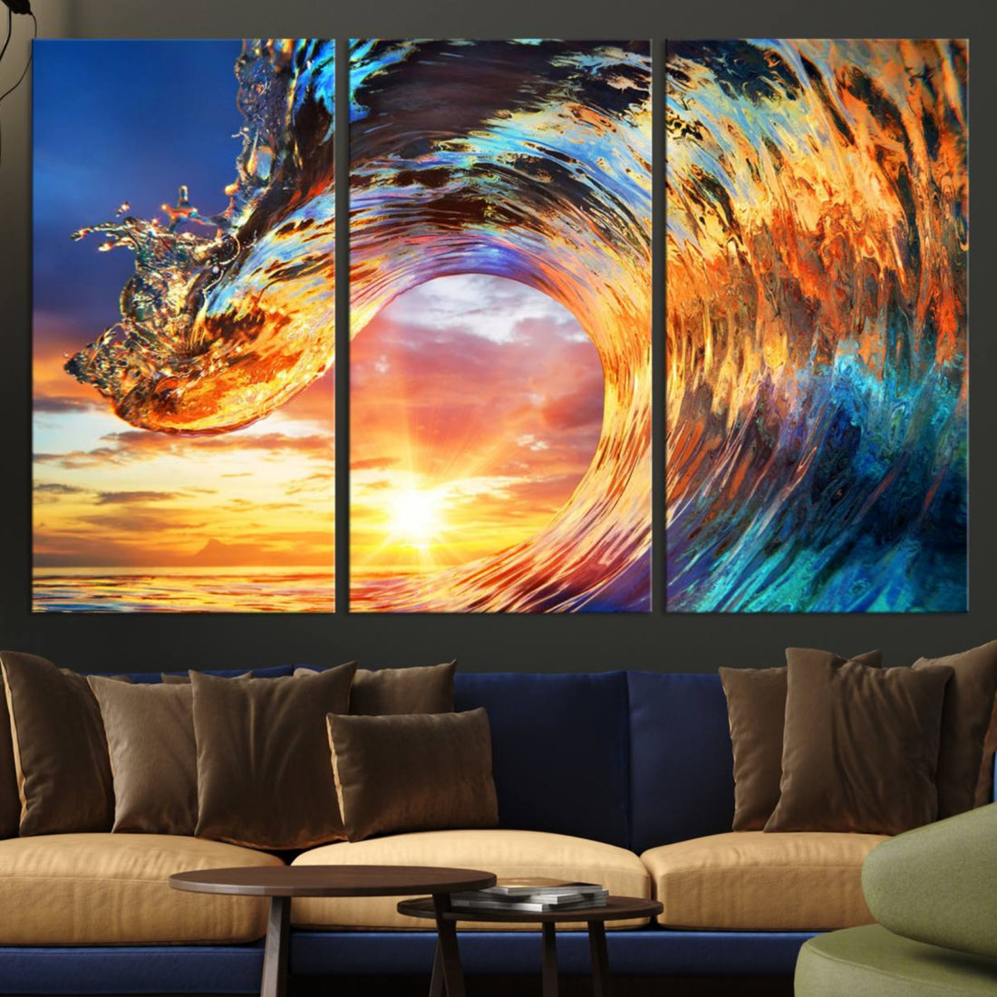 Fiery Wave Canvas Wall Art | Multi Panel Sunset Ocean Scene