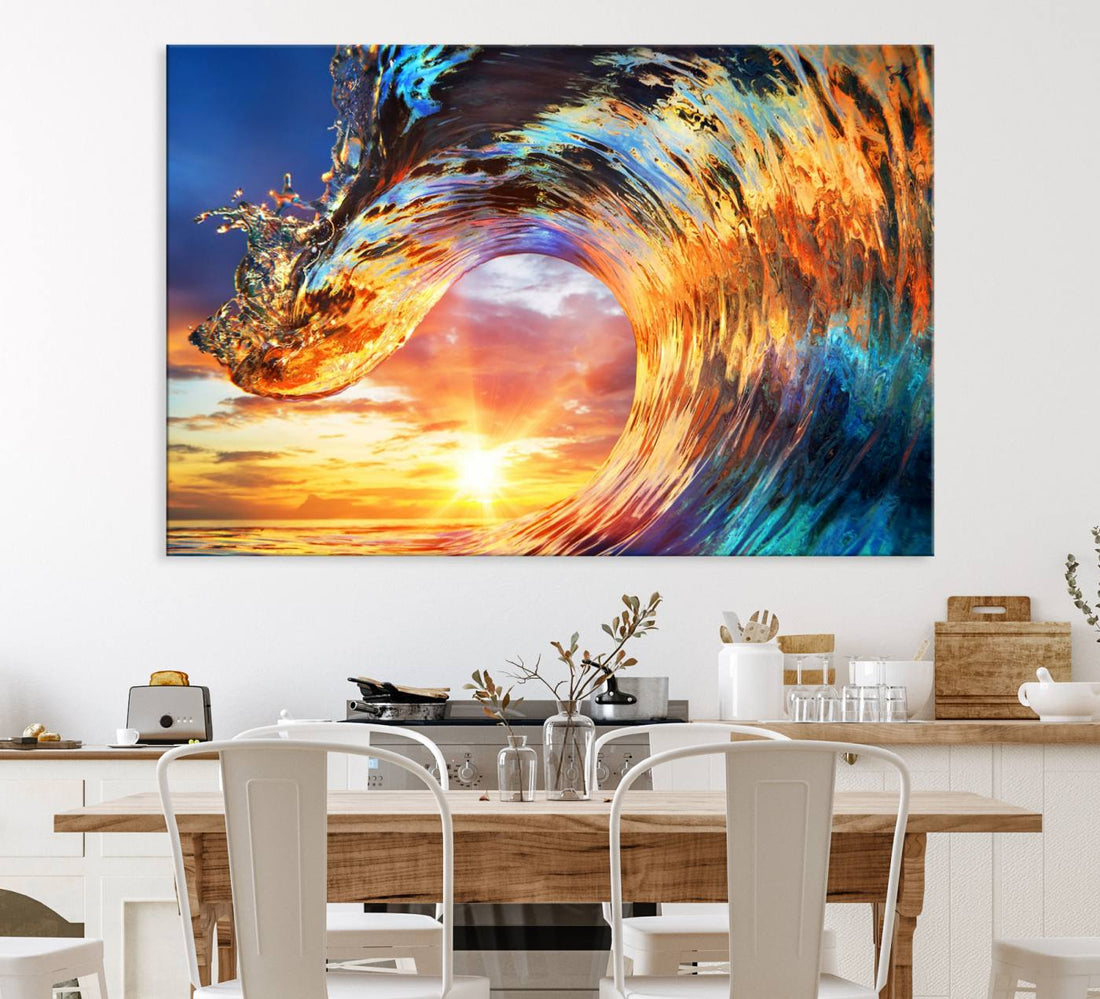 Fiery Wave Canvas Wall Art | Multi Panel Sunset Ocean Scene