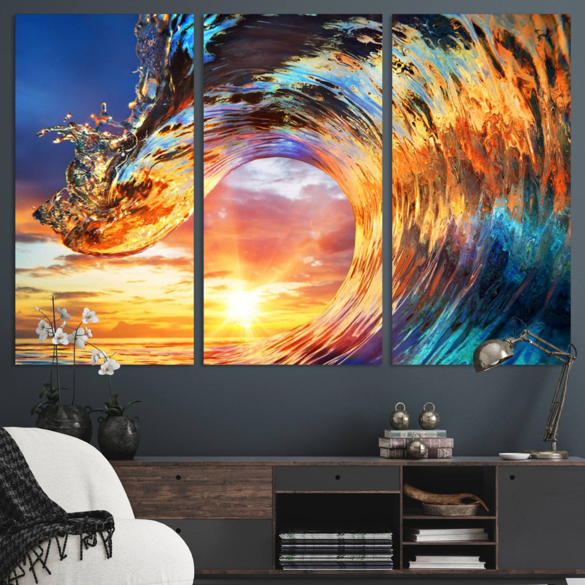 52890-MGV-CV-48X32-3P-Wave Canvas Wall Art – Multi-Panel Sunset Ocean Scene – Bold and Vibrant Decor for Living Room or