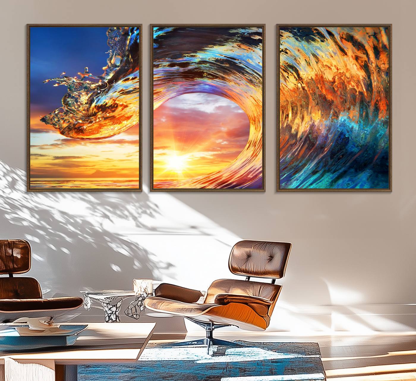 52890-MGV-FC-60X30-3P_Walnut-Wave Canvas Wall Art – Multi-Panel Sunset Ocean Scene – Bold and Vibrant Decor for Living Room or