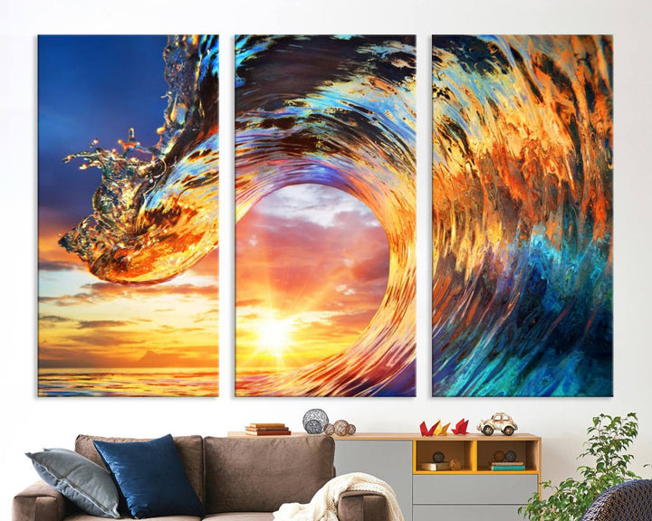 Wave Canvas Wall Art – Multi-Panel Sunset Ocean Scene – Bold and Vibrant Decor for Living Room or Office – Ready to Hang