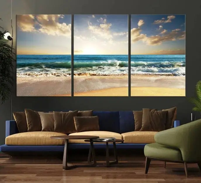 The living room is elevated by museum-quality canvas artwork on the wall: the "Wave on the Beach Wall Art Canvas Print" depicting a beach scene triptych.