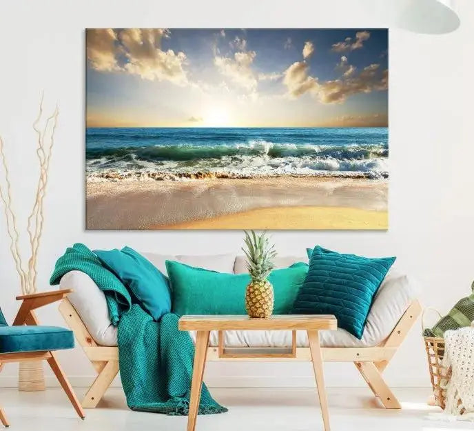 The living room is elevated by museum-quality canvas artwork on the wall: the "Wave on the Beach Wall Art Canvas Print" depicting a beach scene triptych.