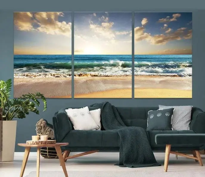 The living room is elevated by museum-quality canvas artwork on the wall: the "Wave on the Beach Wall Art Canvas Print" depicting a beach scene triptych.