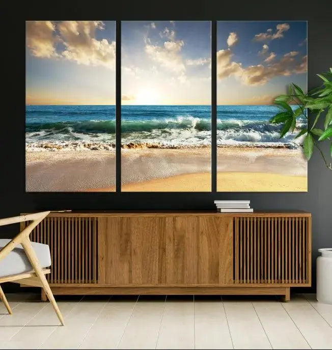 The living room is elevated by museum-quality canvas artwork on the wall: the "Wave on the Beach Wall Art Canvas Print" depicting a beach scene triptych.