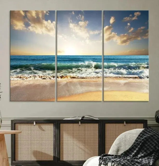 The living room is elevated by museum-quality canvas artwork on the wall: the "Wave on the Beach Wall Art Canvas Print" depicting a beach scene triptych.