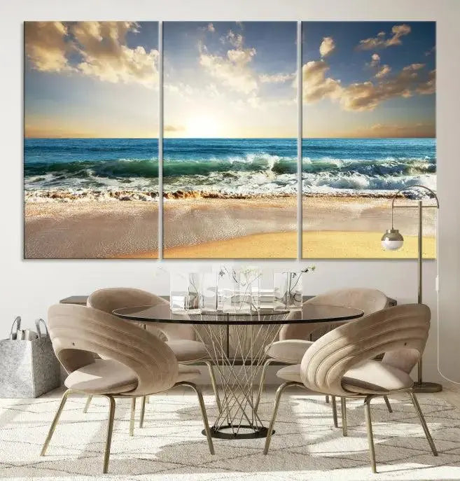 The living room is elevated by museum-quality canvas artwork on the wall: the "Wave on the Beach Wall Art Canvas Print" depicting a beach scene triptych.