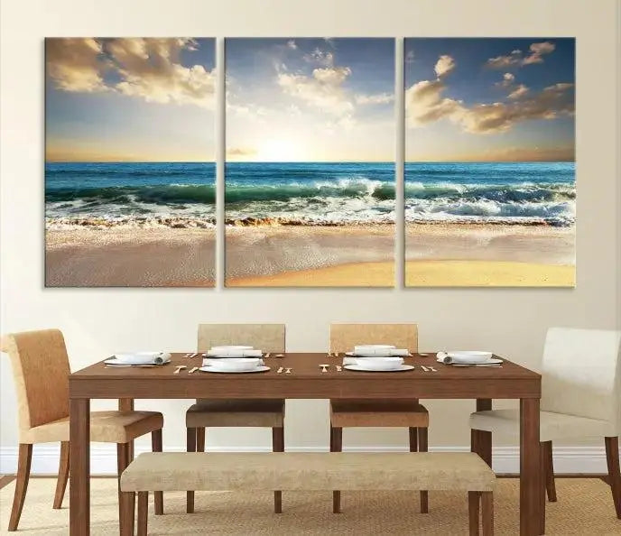 The living room is elevated by museum-quality canvas artwork on the wall: the "Wave on the Beach Wall Art Canvas Print" depicting a beach scene triptych.