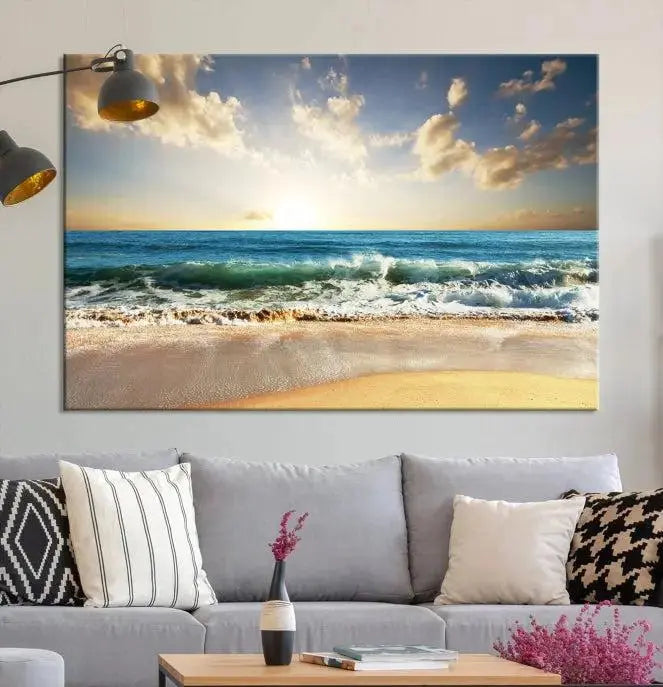 The living room is elevated by museum-quality canvas artwork on the wall: the "Wave on the Beach Wall Art Canvas Print" depicting a beach scene triptych.