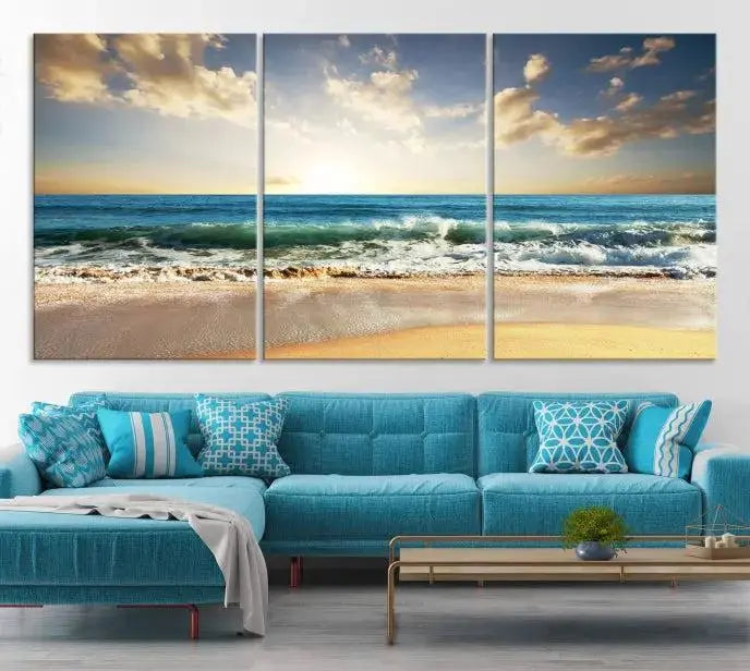 The living room is elevated by museum-quality canvas artwork on the wall: the "Wave on the Beach Wall Art Canvas Print" depicting a beach scene triptych.