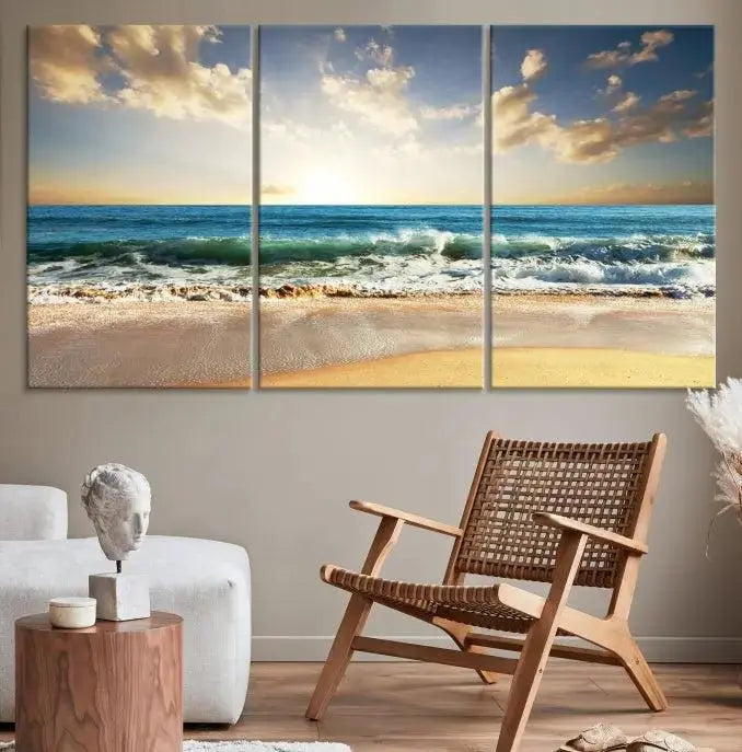 The living room is elevated by museum-quality canvas artwork on the wall: the "Wave on the Beach Wall Art Canvas Print" depicting a beach scene triptych.