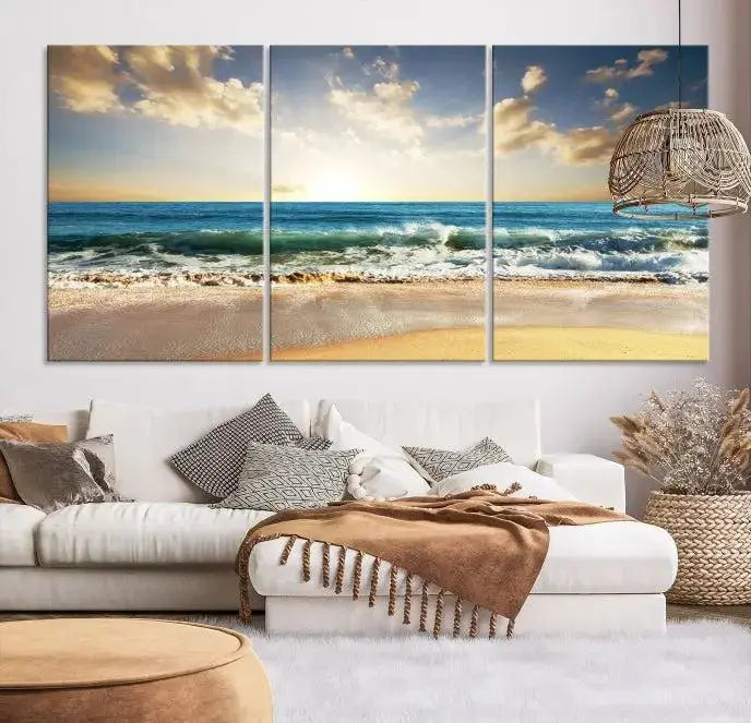 The living room is elevated by museum-quality canvas artwork on the wall: the "Wave on the Beach Wall Art Canvas Print" depicting a beach scene triptych.