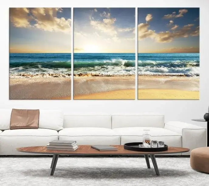 The living room is elevated by museum-quality canvas artwork on the wall: the "Wave on the Beach Wall Art Canvas Print" depicting a beach scene triptych.