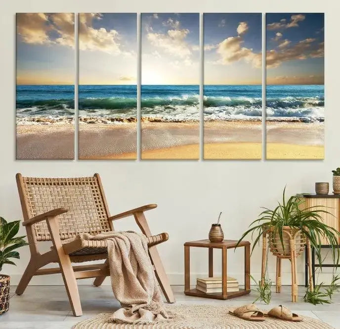 The living room is elevated by museum-quality canvas artwork on the wall: the "Wave on the Beach Wall Art Canvas Print" depicting a beach scene triptych.