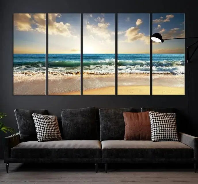 The living room is elevated by museum-quality canvas artwork on the wall: the "Wave on the Beach Wall Art Canvas Print" depicting a beach scene triptych.