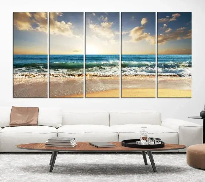 The living room is elevated by museum-quality canvas artwork on the wall: the "Wave on the Beach Wall Art Canvas Print" depicting a beach scene triptych.