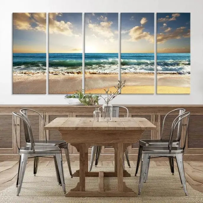 The living room is elevated by museum-quality canvas artwork on the wall: the "Wave on the Beach Wall Art Canvas Print" depicting a beach scene triptych.