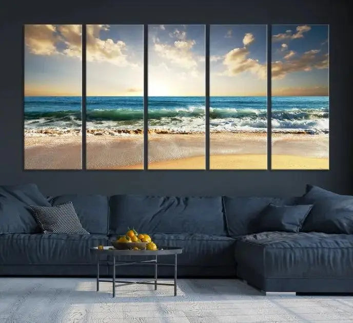 The living room is elevated by museum-quality canvas artwork on the wall: the "Wave on the Beach Wall Art Canvas Print" depicting a beach scene triptych.