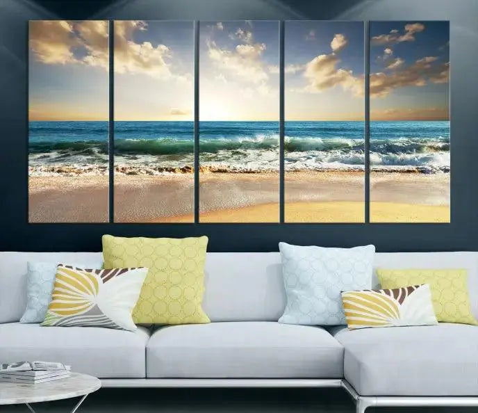 The living room is elevated by museum-quality canvas artwork on the wall: the "Wave on the Beach Wall Art Canvas Print" depicting a beach scene triptych.