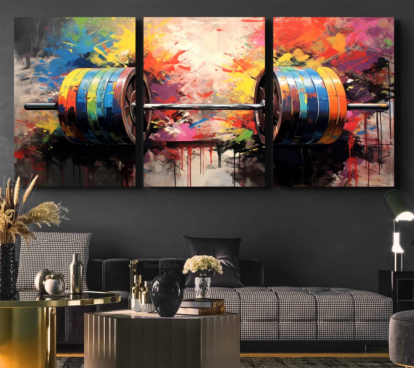 80436-MGV-CV-36X24-Weightlifting Barbell Art Triptych, Bold Abstract Fitness Wall Decor for Gym or Home, Giclee Canvas Print