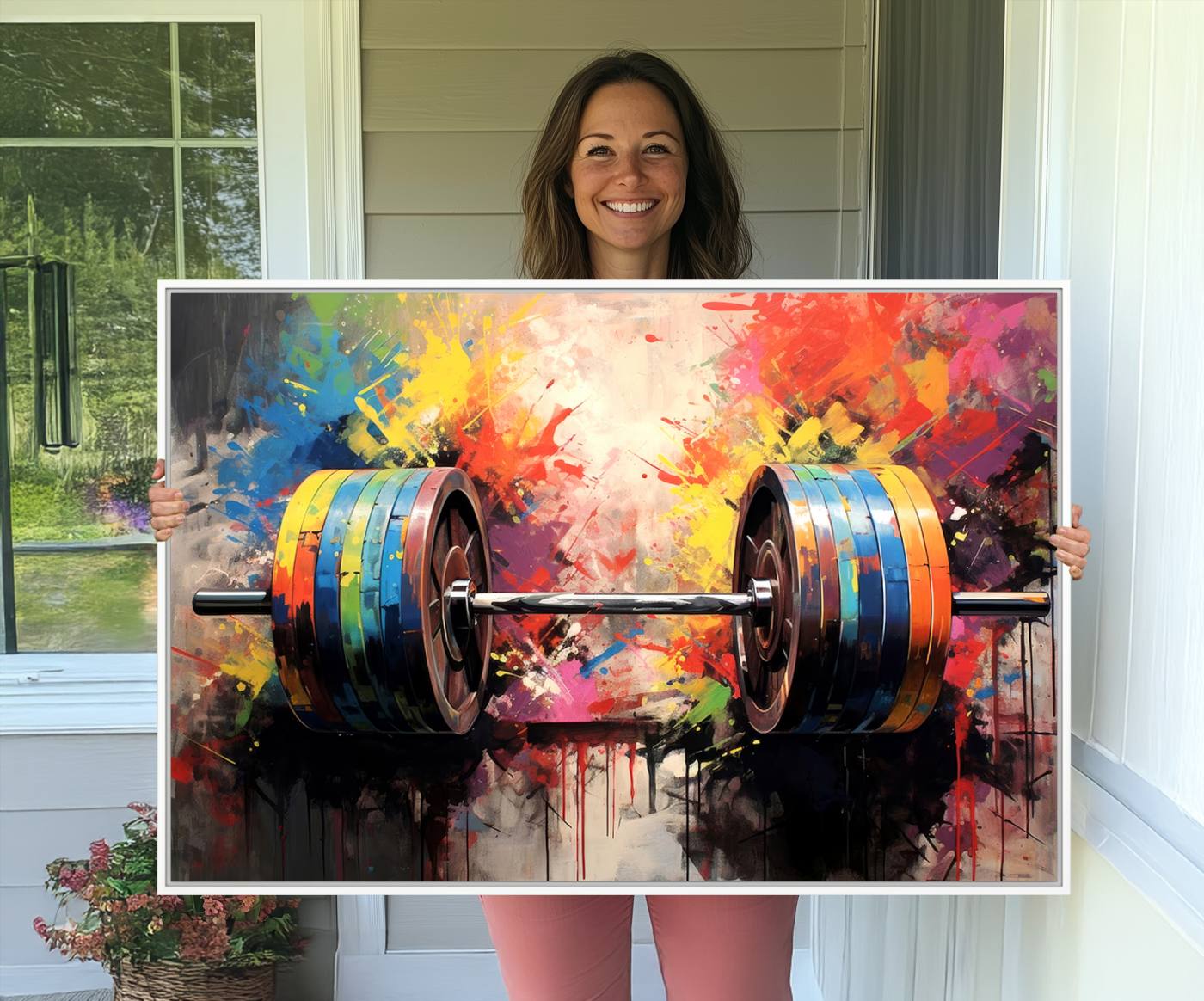80436-MGV-CV-36X24-Weightlifting Barbell Art Triptych, Bold Abstract Fitness Wall Decor for Gym or Home, Giclee Canvas Print