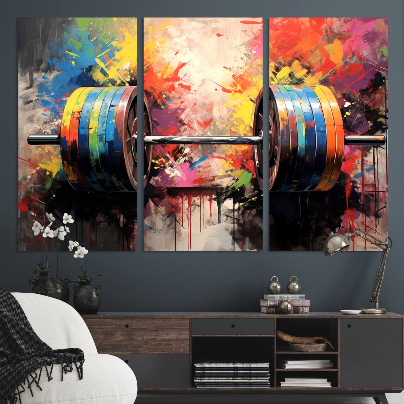 80436-MGV-CV-48X32-3P-Weightlifting Barbell Art Triptych, Bold Abstract Fitness Wall Decor for Gym or Home, Giclee Canvas Print