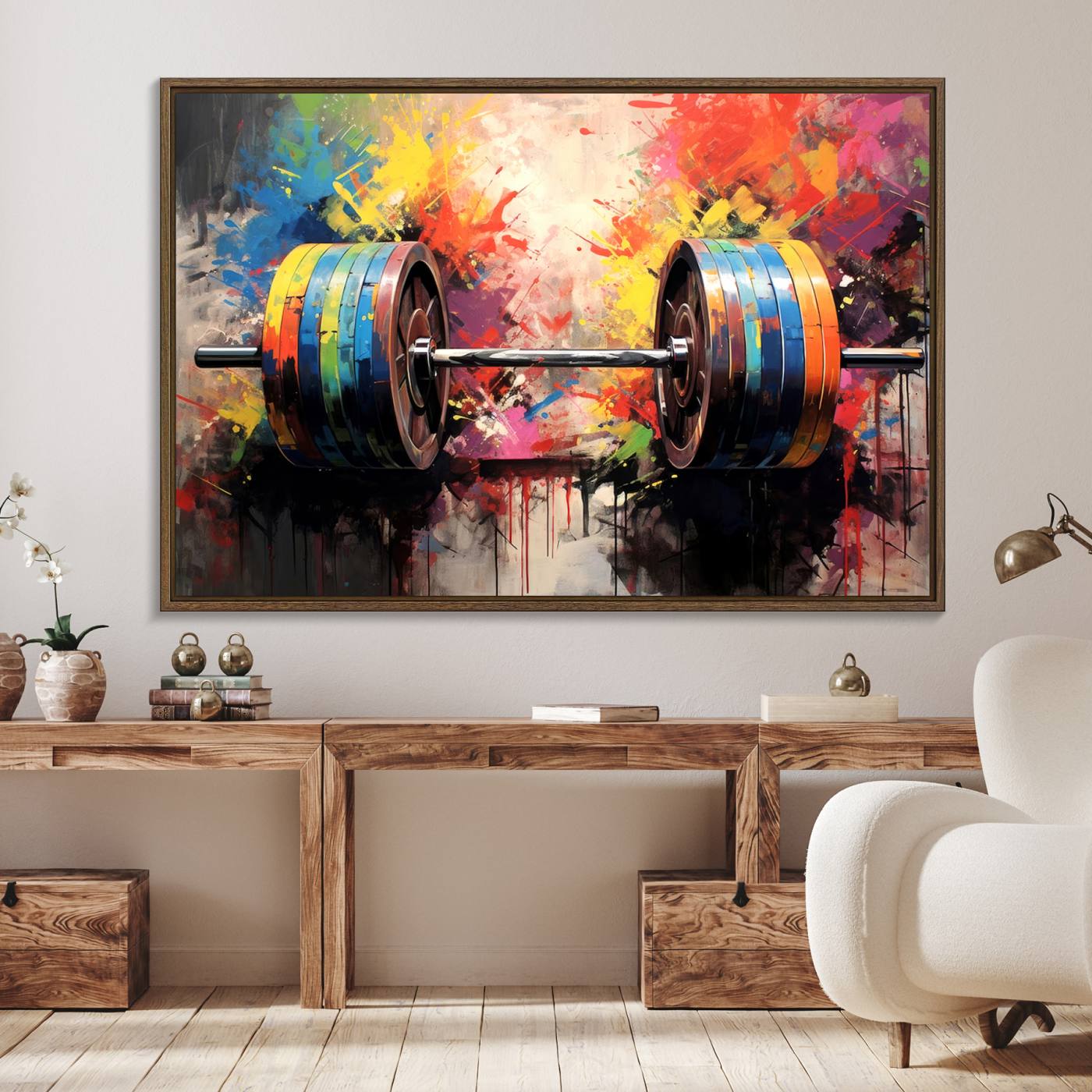 80436-MGV-FC-36X24_Walnut-Weightlifting Barbell Art Triptych, Bold Abstract Fitness Wall Decor for Gym or Home, Giclee Canvas Print