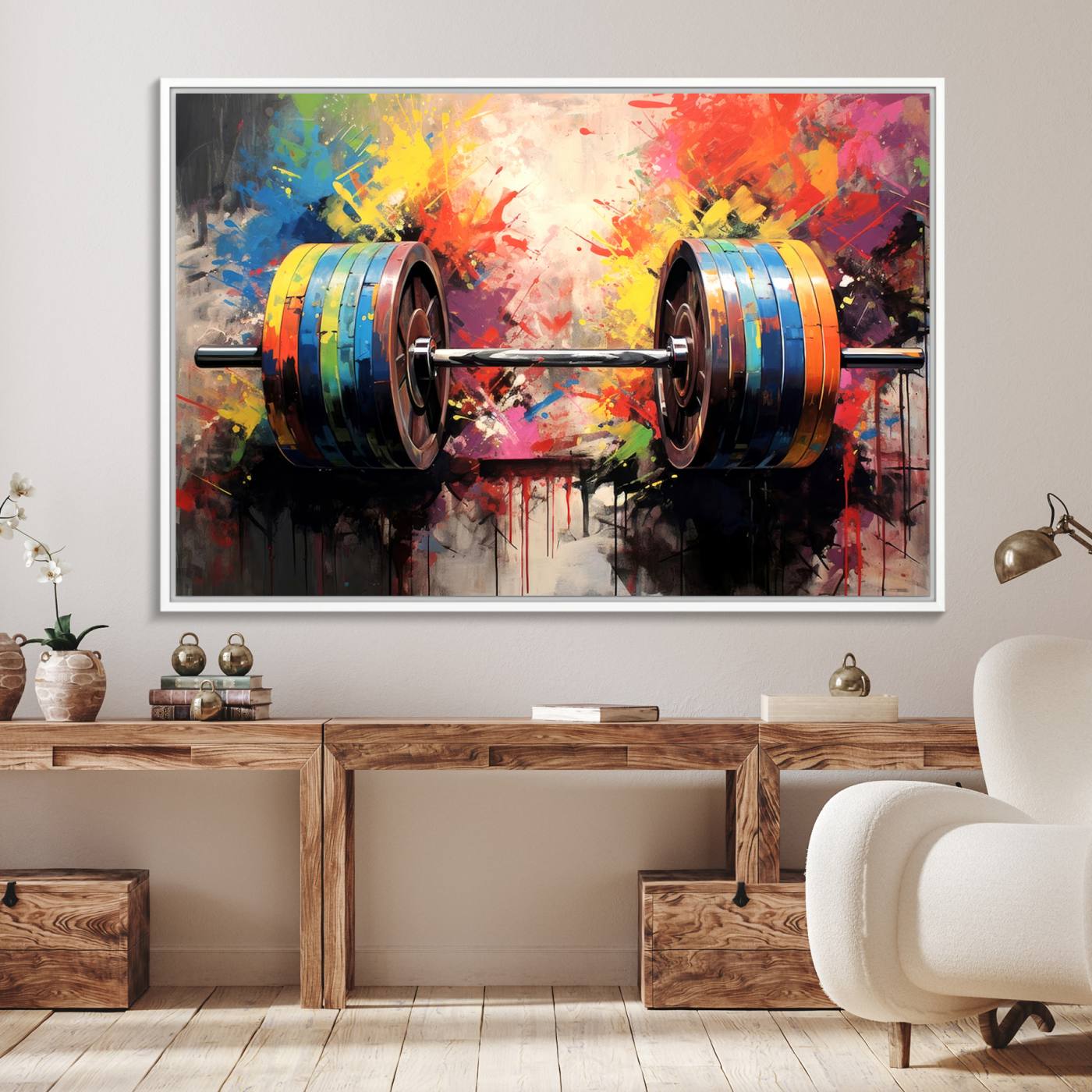 80436-MGV-FC-36X24_White-Weightlifting Barbell Art Triptych, Bold Abstract Fitness Wall Decor for Gym or Home, Giclee Canvas Print