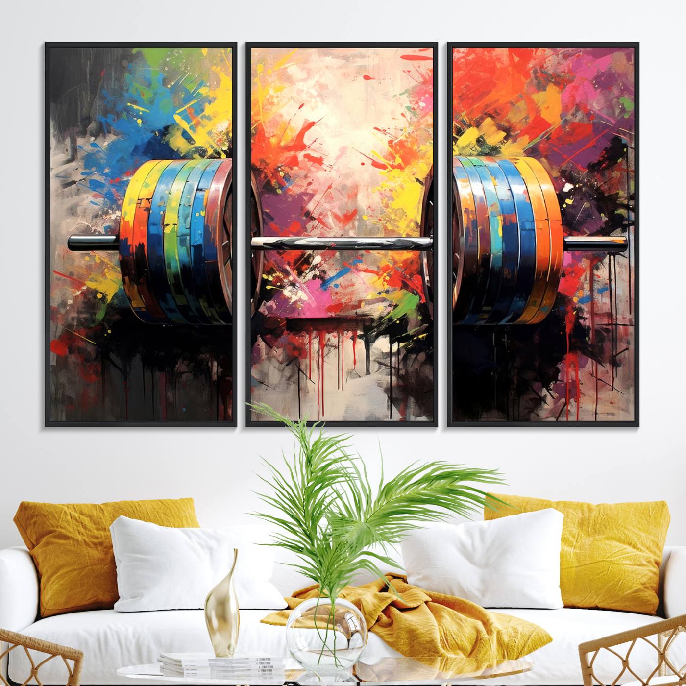 80436-MGV-FC-48X32-3P_Black-Weightlifting Barbell Art Triptych, Bold Abstract Fitness Wall Decor for Gym or Home, Giclee Canvas Print