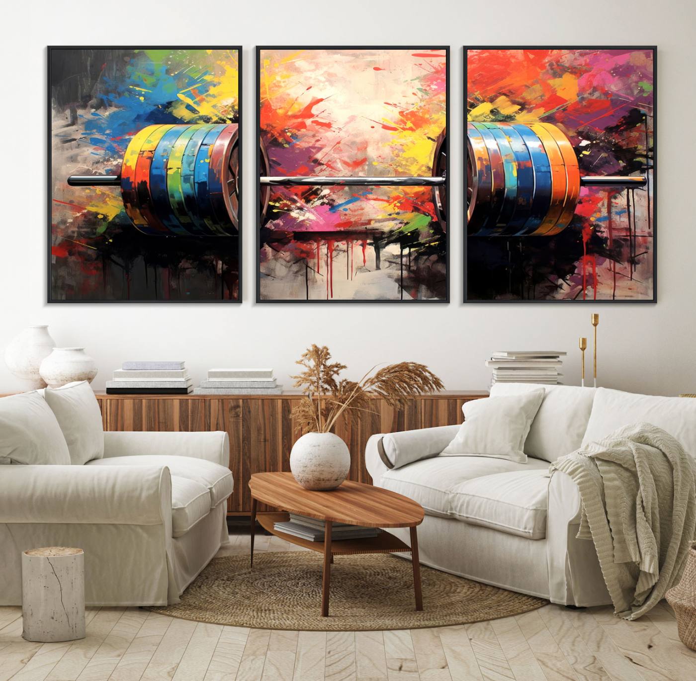 80436-MGV-FC-60X30-3P_Black-Weightlifting Barbell Art Triptych, Bold Abstract Fitness Wall Decor for Gym or Home, Giclee Canvas Print