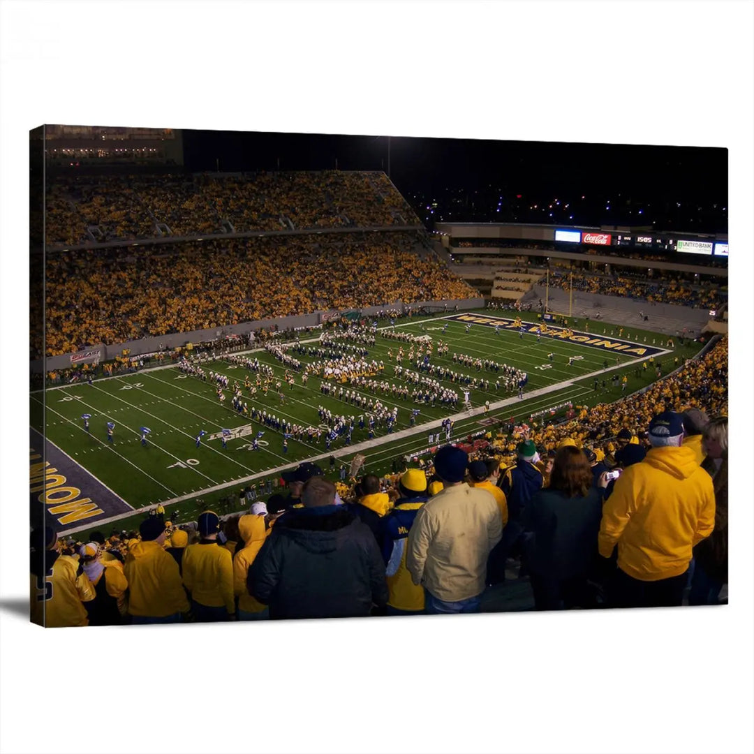 The living room is adorned with the West Virginia Uni Mountaineers Football Team Print, showcasing a captivating scene at Milan Puskar Stadium. This museum-quality, high-resolution canvas print adds a dynamic touch to the space.