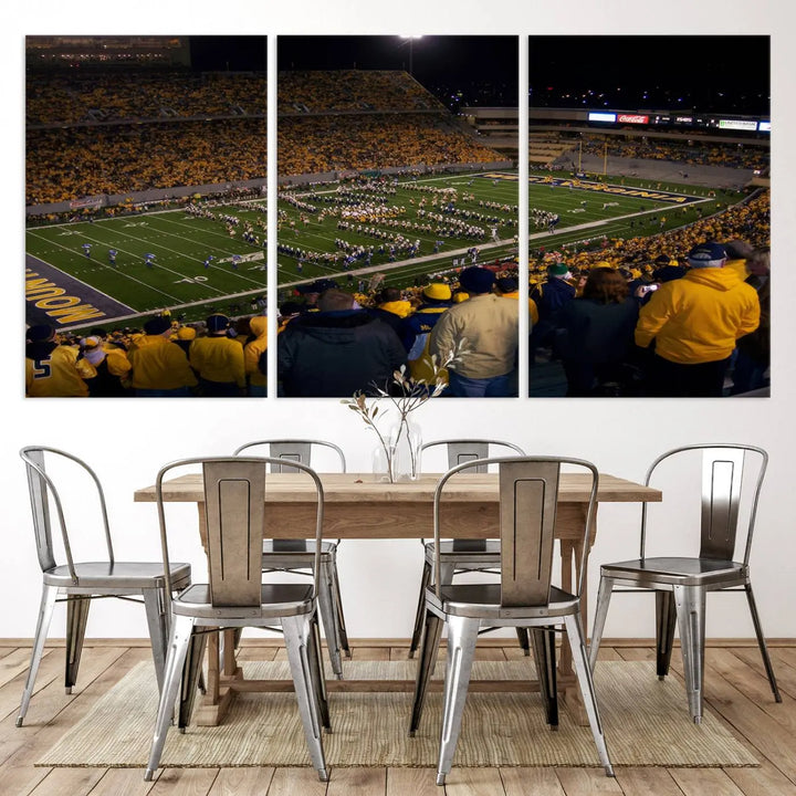 The living room is adorned with the West Virginia Uni Mountaineers Football Team Print, showcasing a captivating scene at Milan Puskar Stadium. This museum-quality, high-resolution canvas print adds a dynamic touch to the space.