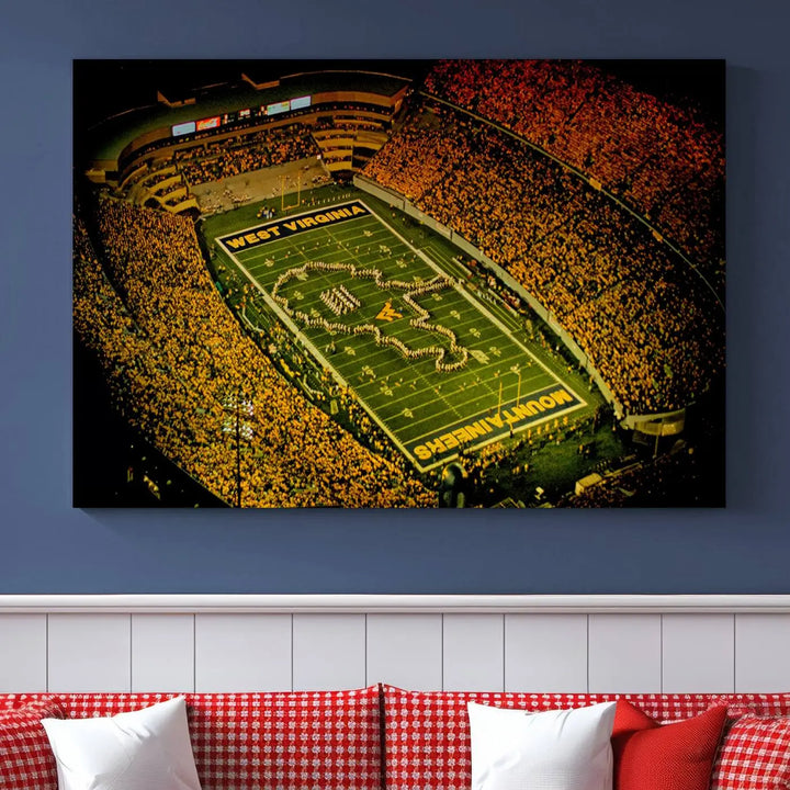 A stunning triptych wall art featuring Milan Puskar Stadium, the home of the West Virginia University Mountaineers football team, is crafted on museum-quality canvas to deliver a captivating effect. This high-resolution print is proudly handmade in the USA and highlights Morgantown City.