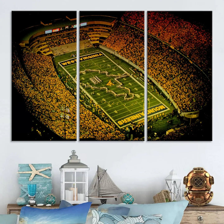 A stunning triptych wall art featuring Milan Puskar Stadium, the home of the West Virginia University Mountaineers football team, is crafted on museum-quality canvas to deliver a captivating effect. This high-resolution print is proudly handmade in the USA and highlights Morgantown City.