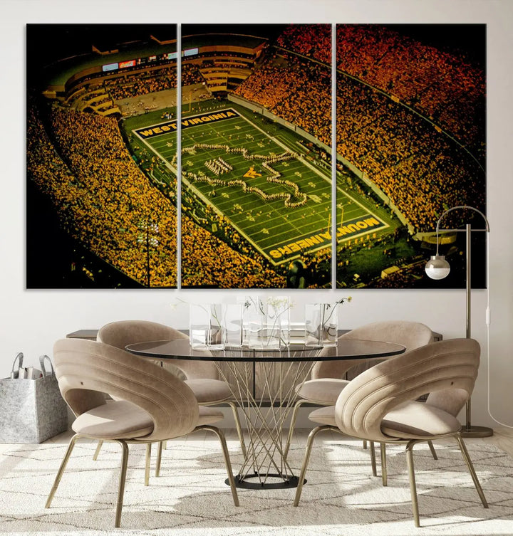 A stunning triptych wall art featuring Milan Puskar Stadium, the home of the West Virginia University Mountaineers football team, is crafted on museum-quality canvas to deliver a captivating effect. This high-resolution print is proudly handmade in the USA and highlights Morgantown City.