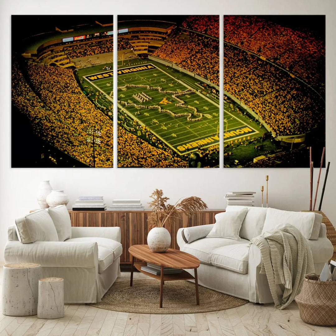 A stunning triptych wall art featuring Milan Puskar Stadium, the home of the West Virginia University Mountaineers football team, is crafted on museum-quality canvas to deliver a captivating effect. This high-resolution print is proudly handmade in the USA and highlights Morgantown City.