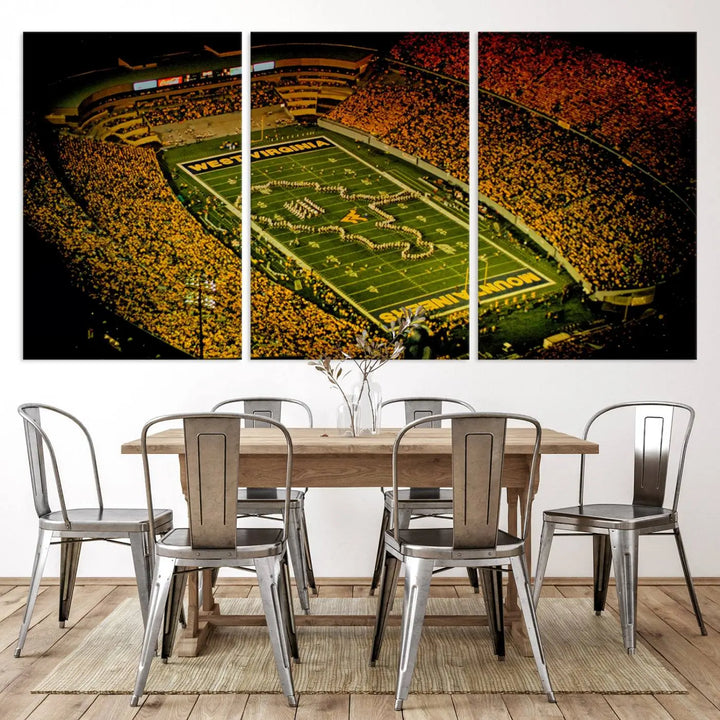 A stunning triptych wall art featuring Milan Puskar Stadium, the home of the West Virginia University Mountaineers football team, is crafted on museum-quality canvas to deliver a captivating effect. This high-resolution print is proudly handmade in the USA and highlights Morgantown City.