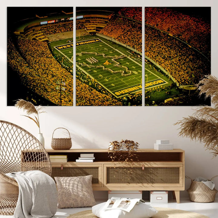 A stunning triptych wall art featuring Milan Puskar Stadium, the home of the West Virginia University Mountaineers football team, is crafted on museum-quality canvas to deliver a captivating effect. This high-resolution print is proudly handmade in the USA and highlights Morgantown City.