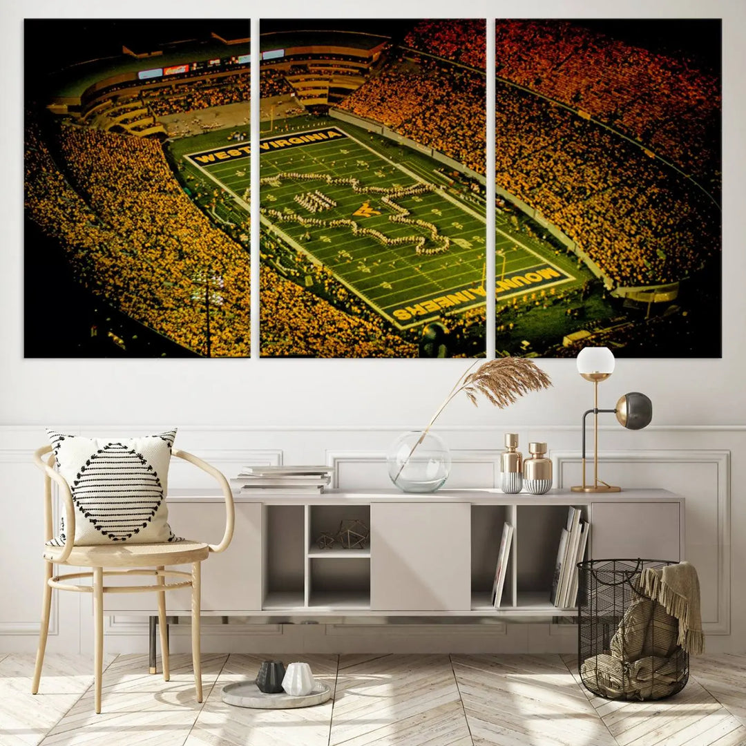 A stunning triptych wall art featuring Milan Puskar Stadium, the home of the West Virginia University Mountaineers football team, is crafted on museum-quality canvas to deliver a captivating effect. This high-resolution print is proudly handmade in the USA and highlights Morgantown City.