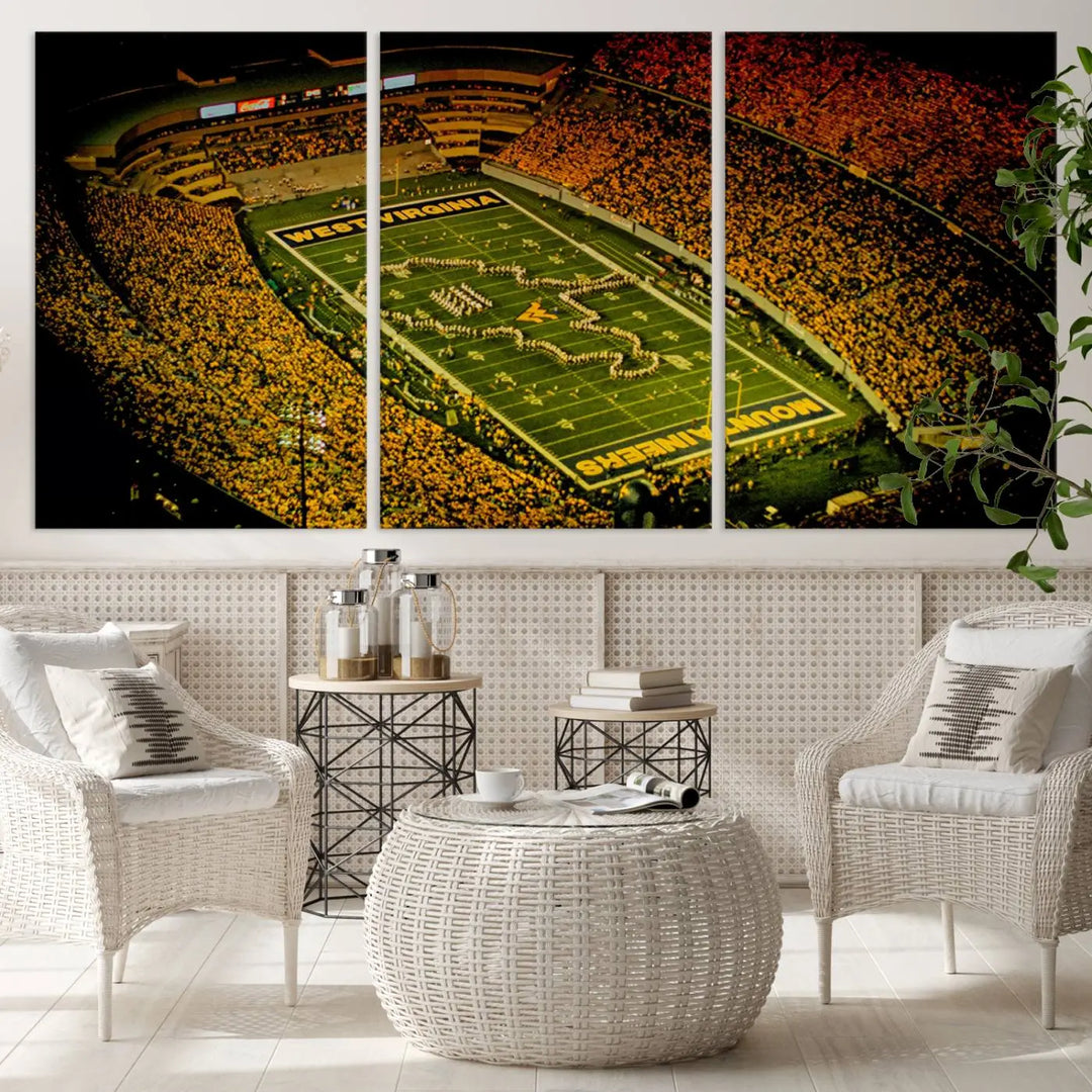 A stunning triptych wall art featuring Milan Puskar Stadium, the home of the West Virginia University Mountaineers football team, is crafted on museum-quality canvas to deliver a captivating effect. This high-resolution print is proudly handmade in the USA and highlights Morgantown City.