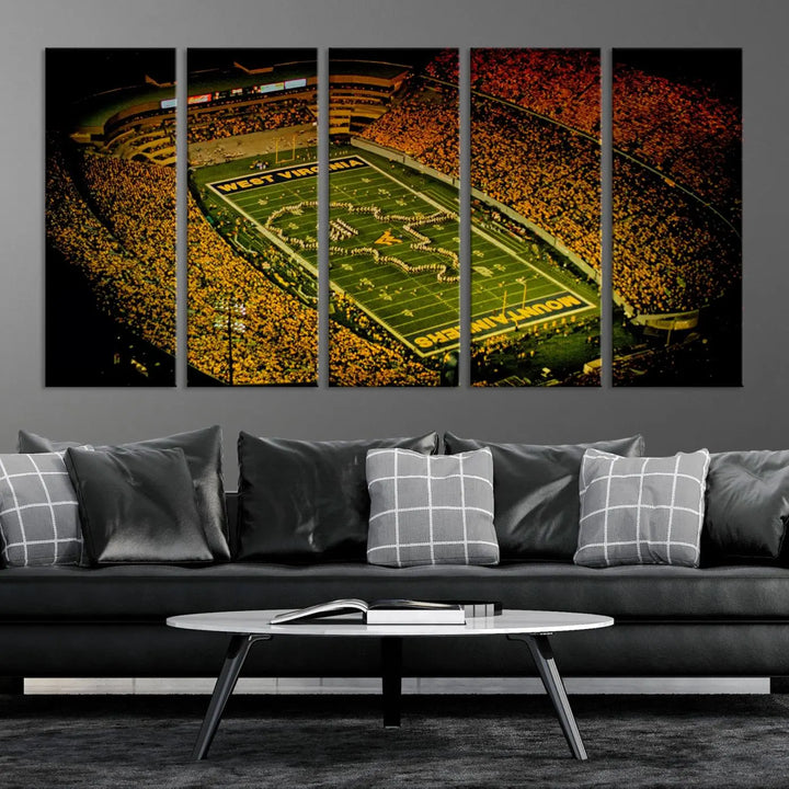 A stunning triptych wall art featuring Milan Puskar Stadium, the home of the West Virginia University Mountaineers football team, is crafted on museum-quality canvas to deliver a captivating effect. This high-resolution print is proudly handmade in the USA and highlights Morgantown City.