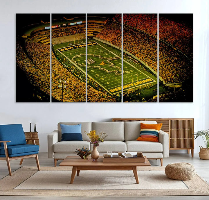 A stunning triptych wall art featuring Milan Puskar Stadium, the home of the West Virginia University Mountaineers football team, is crafted on museum-quality canvas to deliver a captivating effect. This high-resolution print is proudly handmade in the USA and highlights Morgantown City.