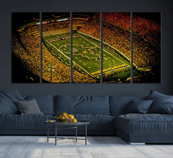 A stunning triptych wall art featuring Milan Puskar Stadium, the home of the West Virginia University Mountaineers football team, is crafted on museum-quality canvas to deliver a captivating effect. This high-resolution print is proudly handmade in the USA and highlights Morgantown City.