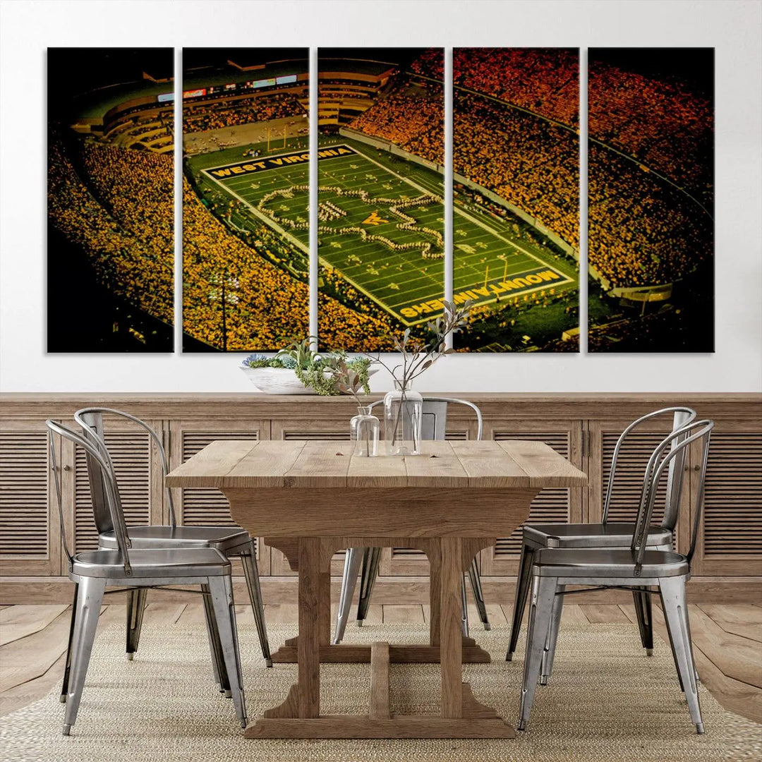 A stunning triptych wall art featuring Milan Puskar Stadium, the home of the West Virginia University Mountaineers football team, is crafted on museum-quality canvas to deliver a captivating effect. This high-resolution print is proudly handmade in the USA and highlights Morgantown City.