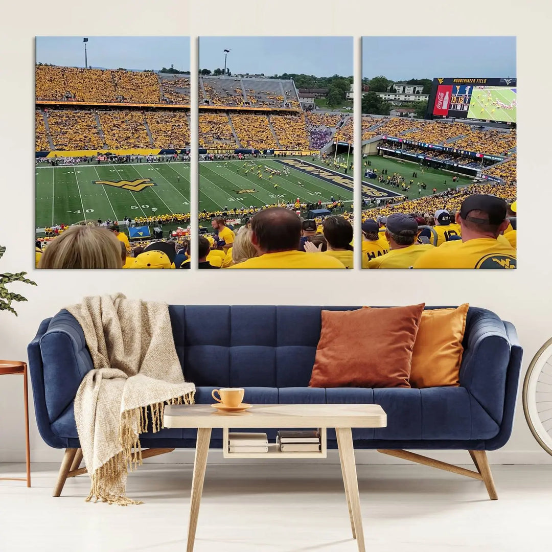 The "West Virginia University Mountaineers Football Team Print" on museum-quality canvas from Morgantown beautifully captures a panoramic view of Milan Puskar Stadium with fans in yellow, fully immersed in the game.