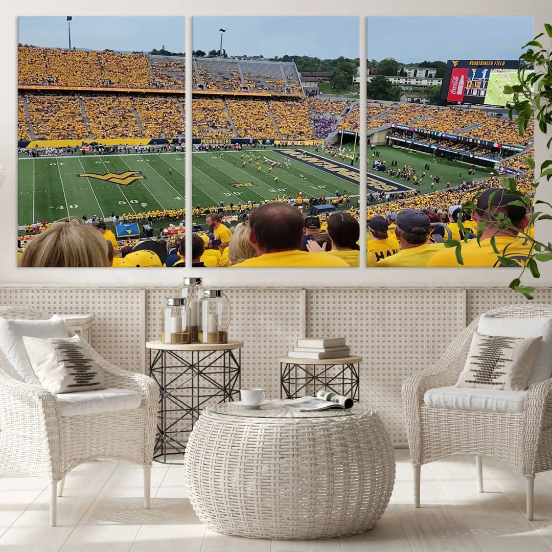 The "West Virginia University Mountaineers Football Team Print" on museum-quality canvas from Morgantown beautifully captures a panoramic view of Milan Puskar Stadium with fans in yellow, fully immersed in the game.