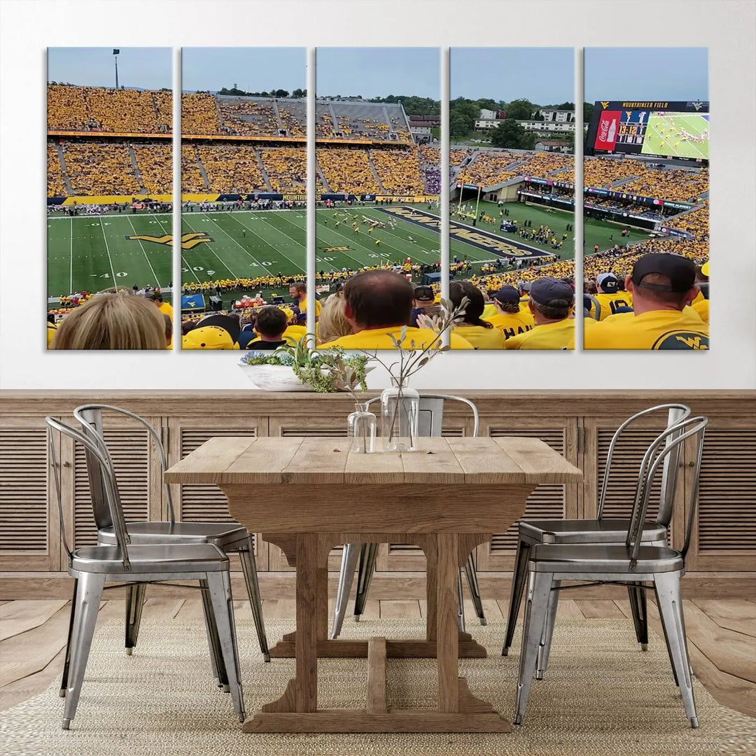 The "West Virginia University Mountaineers Football Team Print" on museum-quality canvas from Morgantown beautifully captures a panoramic view of Milan Puskar Stadium with fans in yellow, fully immersed in the game.