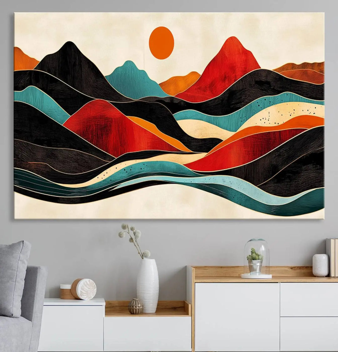 The Western Wall Decor, featuring a large triptych mountain canvas with boho woodland wall art print, beautifully enhances the dining area. Handmade in the USA, these framed Southwest nature prints add vibrancy and sophistication to your culinary space.