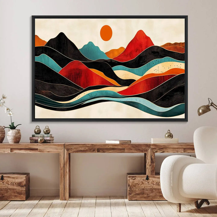 The Western Wall Decor, featuring a large triptych mountain canvas with boho woodland wall art print, beautifully enhances the dining area. Handmade in the USA, these framed Southwest nature prints add vibrancy and sophistication to your culinary space.