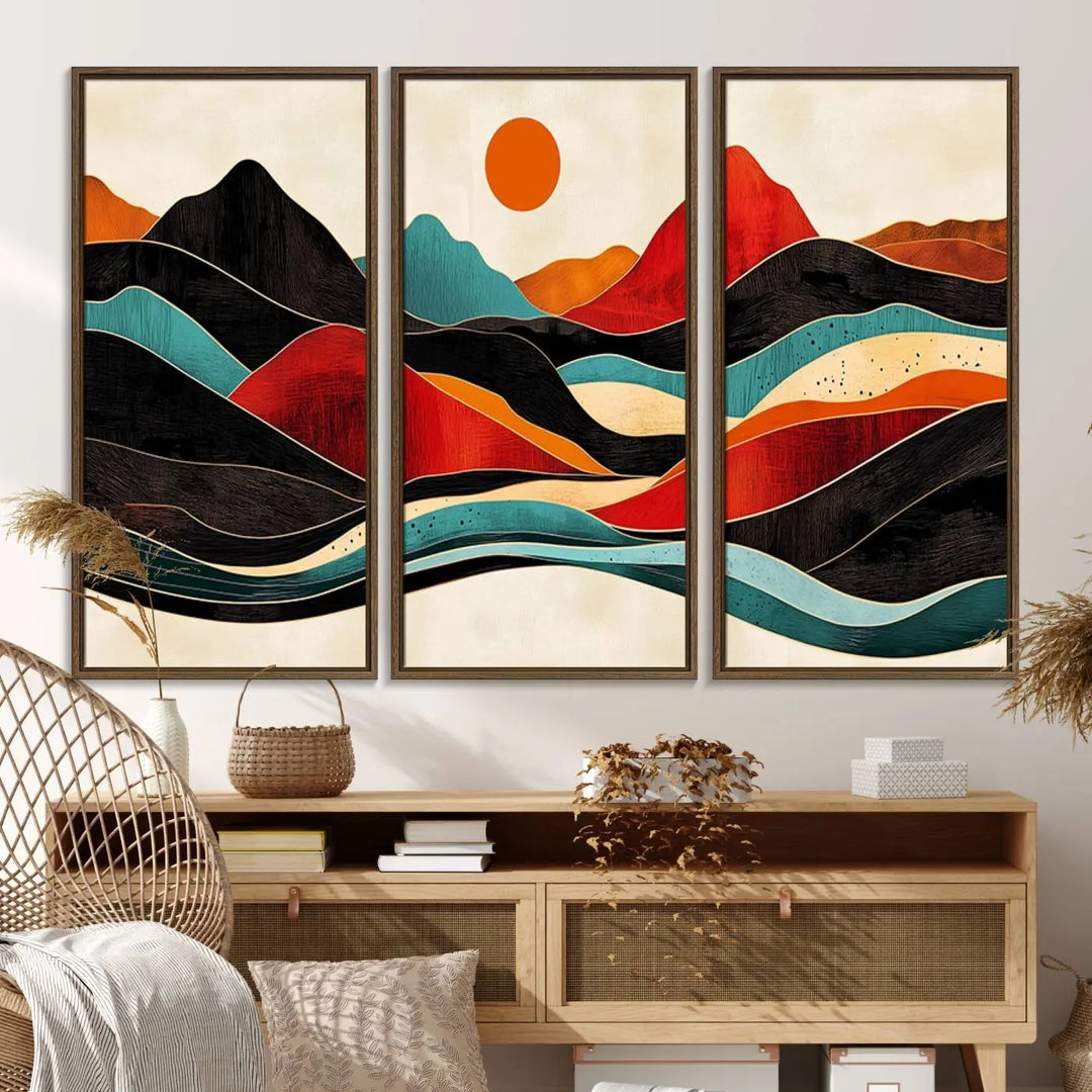 The Western Wall Decor, featuring a large triptych mountain canvas with boho woodland wall art print, beautifully enhances the dining area. Handmade in the USA, these framed Southwest nature prints add vibrancy and sophistication to your culinary space.